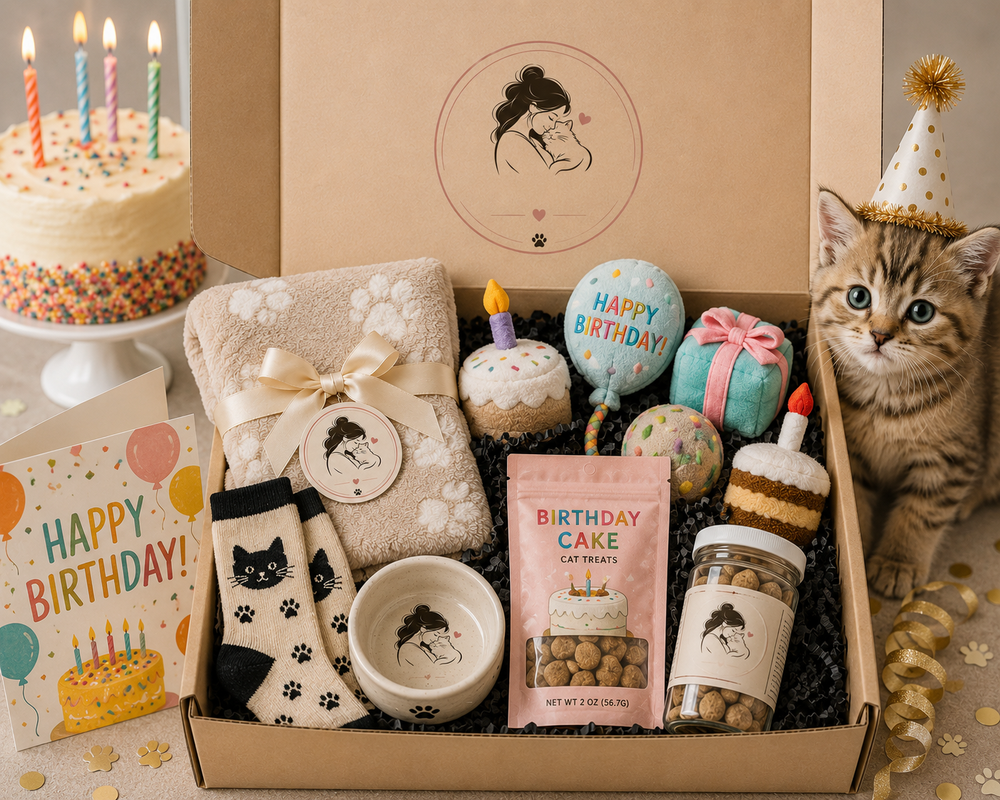 Birthday My Cat & Me Box | Cat Mom Birthday Gift Box with Cat Toys, Treats & Cozy Blanket